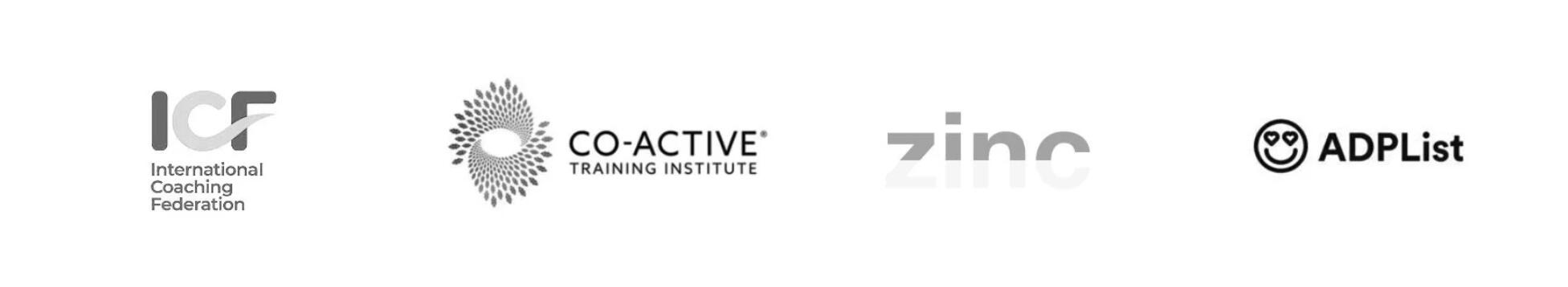 Company logos for ICF, Co-active, Zinc and ADPList